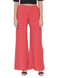 N-Gal Rayon Women's Wide Leg Elastic Waist Band Breathable Plain Palazzo Pant_Coral