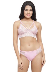 N-Gal Women's Exotic Deep Neck Lace Bra Underwear Lingerie Hipster Panty Set_Pink