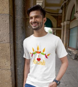 Classic earthen lamp /diyas vertically bended printed diwali themed round neck white t-shirt specially for diwali festival