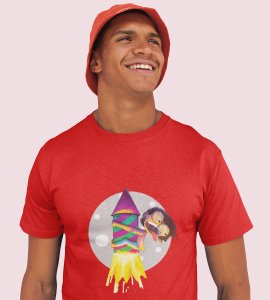 Rocket cracker printed diwali themed unisex round neck blended red t-shirt specially for diwali festival