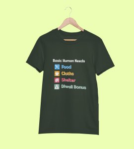 Basic human needs printed diwali themed unisex round neck blended green t-shirt specially for diwali festival