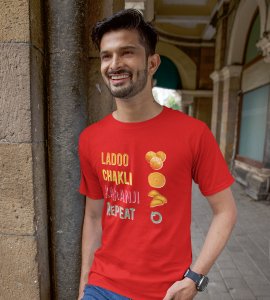 Laddoo, chakli, Karanji, repeat printed diwali themed unisex round neck blended red t-shirt specially for diwali festival