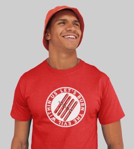 Lets burn the evil printed diwali themed unisex round neck blended red t-shirt specially for diwali festival