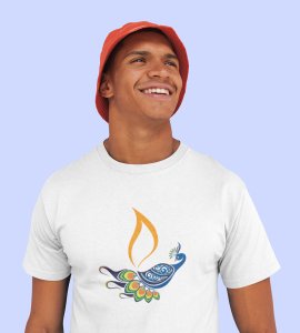 Peacock rangoli printed diwali themed unisex round neck blended white t-shirt specially for diwali festival