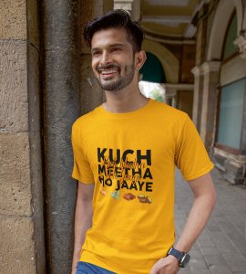 Kuch meetha ho jaye printed diwali themed unisex round neck blended yellow t-shirt specially for diwali festival