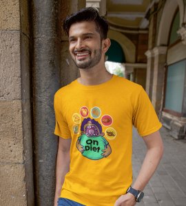 Animated fatty boy printed diwali themed unisex round neck blended yellow t-shirt specially for diwali festival