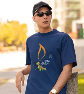 Peacock rangoli printed diwali themed unisex round neck blended blue t-shirt specially for diwali festival