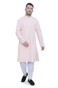 Stylish Peach Cotton Men's Kurta with Floral Print